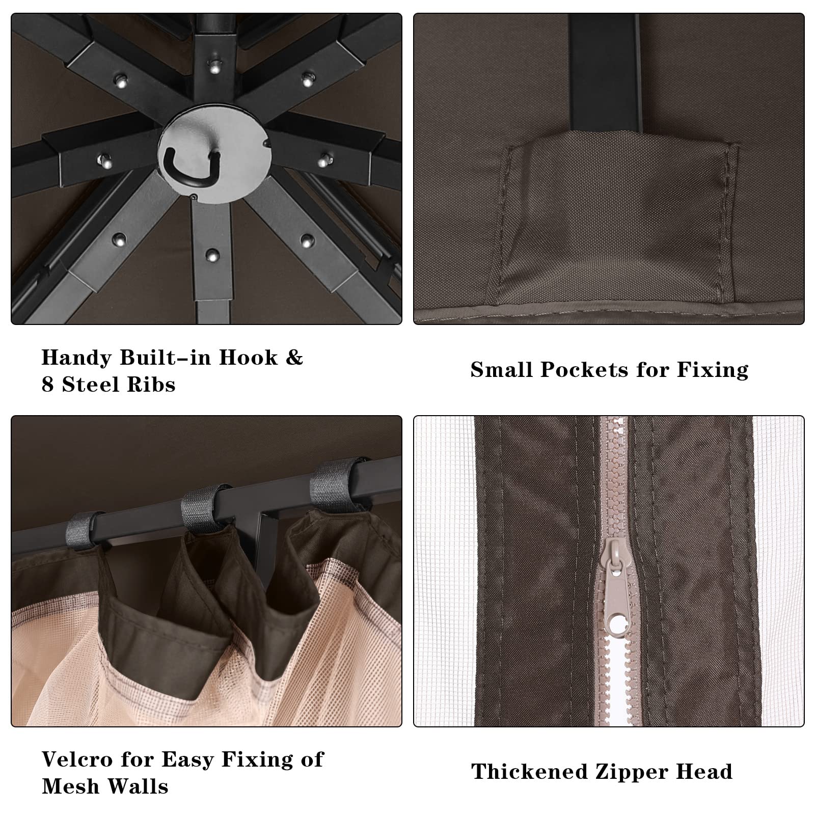 Tool-Free Patio Gazebo with Netting Walls - Easy Screw-Free Installation 11x11ft Dark Brown Outdoor Garden Canopy for Backyard, Deck, and Poolside Relaxation