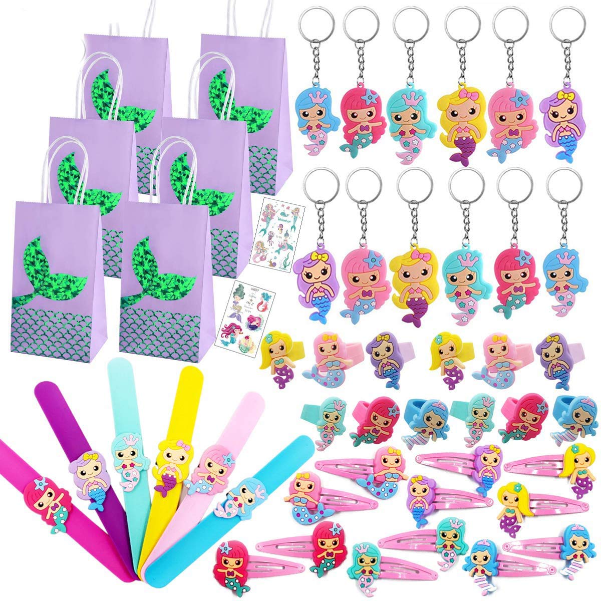 48 Pack Mermaid Party Favors Kit - Mermaid Bracelets, Rings, Hair Clips, Keychains, Tattoos & Gift Bags for Girls - Perfect for Mermaid Themed Birthday Parties, Pool Parties & Kids' Gift Bags
