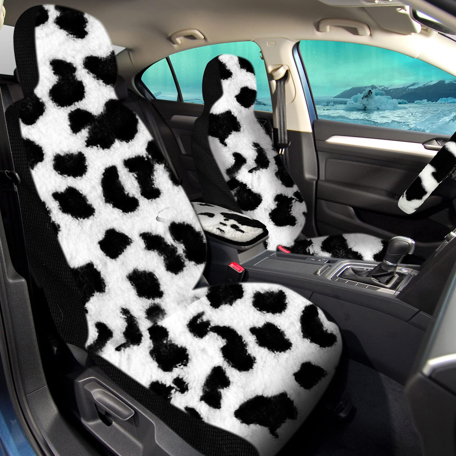 Plush Cow Print Car Seat Covers Set - Warm Winter Accessories for Christmas Decor