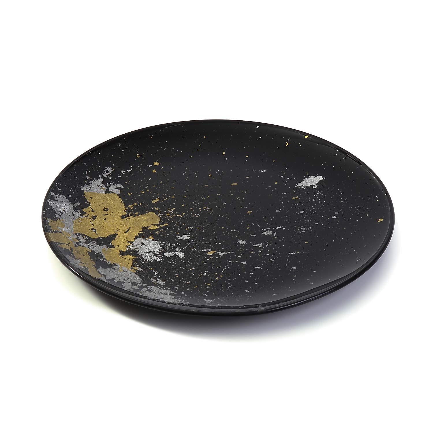 Japanese Urushi Glass Flat Dinner Plate 11-inch - Elegant Jet Black with Gold Leaf Design, Dishwasher Safe - Perfect for Fine Dining, Wedding Receptions & Upscale Dinner Parties