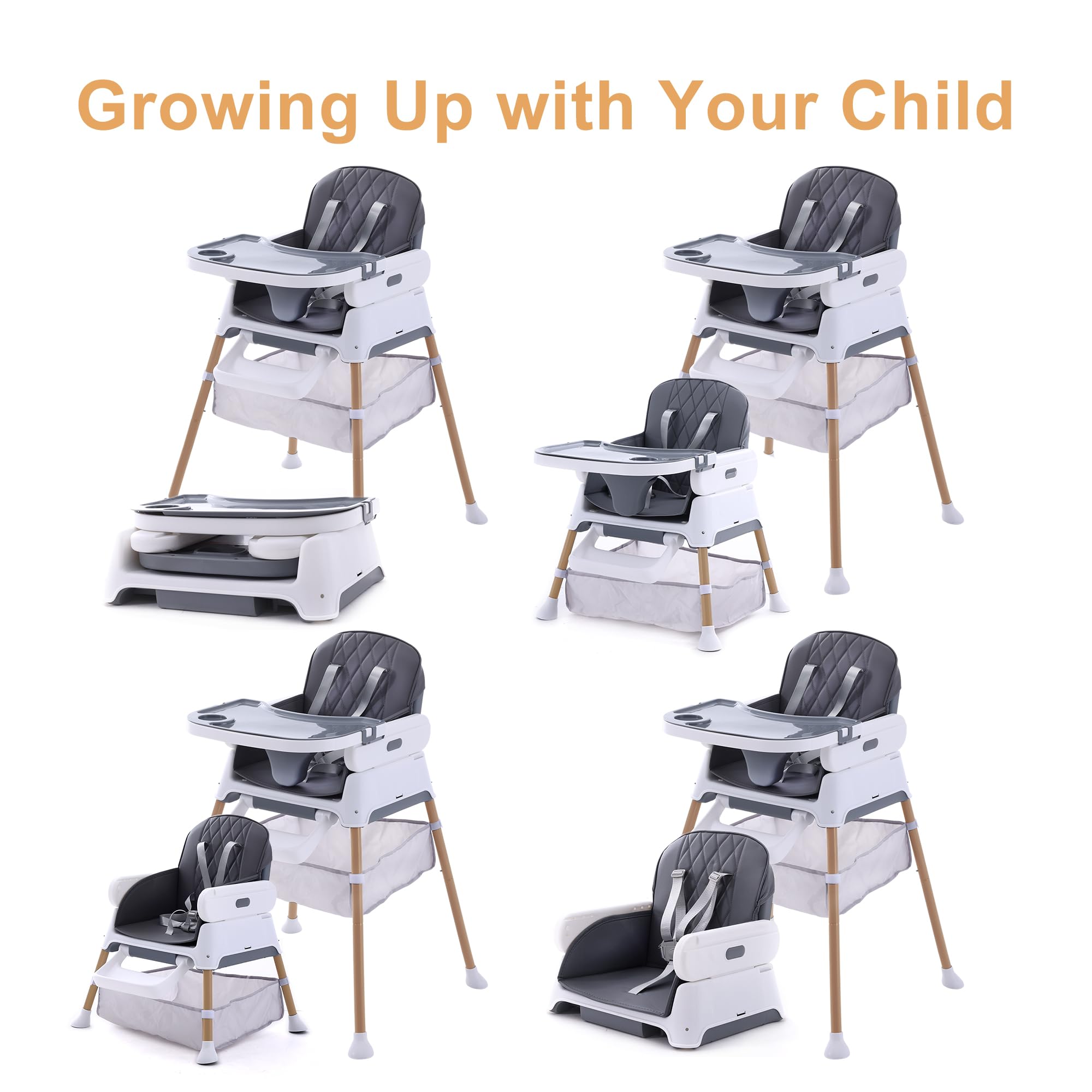 Hrusitoo 3-in-1 Convertible Baby High Chair - Adjustable Toddler Feeding Seat with Compact Design for Infants & Kids (Dark Gray) | Perfect for Dining, Travel & Small Spaces