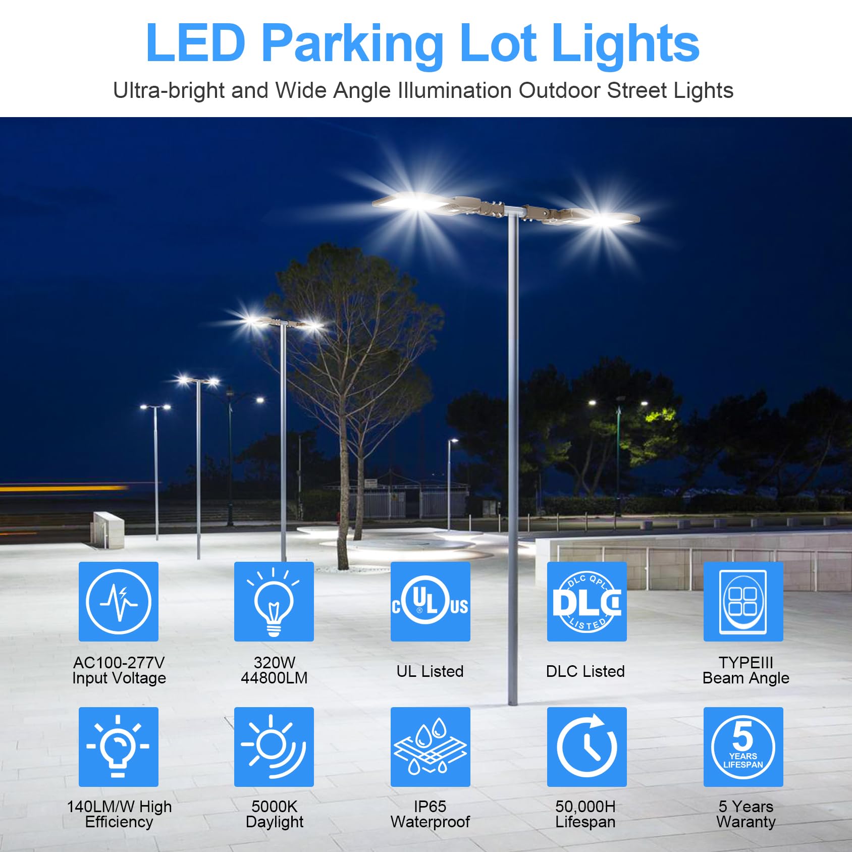 320W LED Shoebox Light Fixture - 44,800LM 5000K Daylight White - UL & DLC Listed - IP65 Waterproof - 100-277V AC - Commercial Outdoor Pole Light for Parking Lots, Stadiums, Roadways & Street Lighting