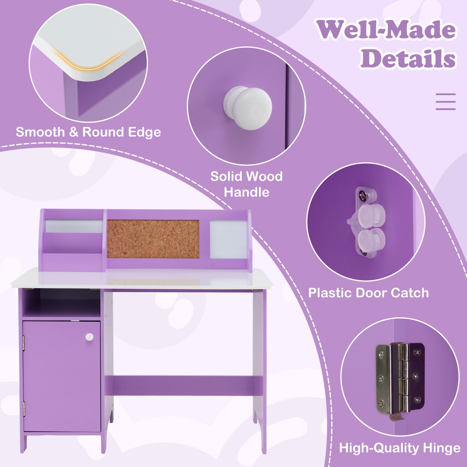 HONEY JOY Kids Desk and Chair Set - Wooden Study Table with Whiteboard, Hutch & Storage Shelves | Ergonomic Student Writing Desk & Computer Workstation for Bedroom | Perfect for Homeschooling, Online Learning & Arts & Crafts (Ages 3+, Purple)
