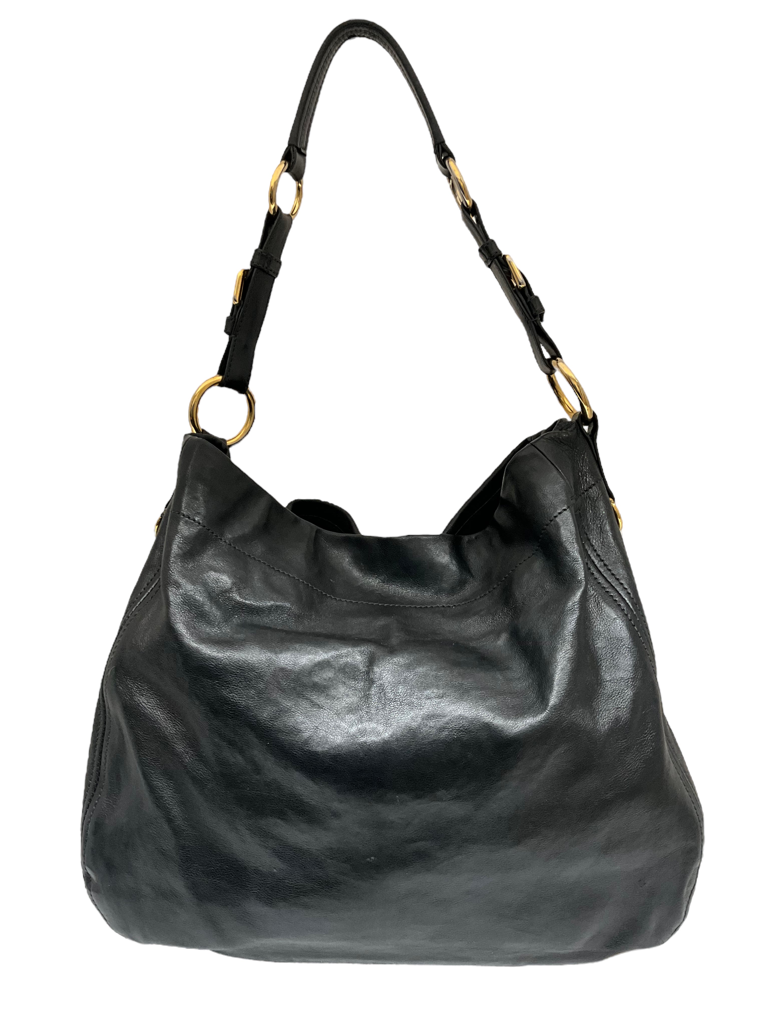 Prada Black Glace Calf Leather Hobo Handbag for Women - Luxury Shoulder Bag for Work, Travel & Everyday Use