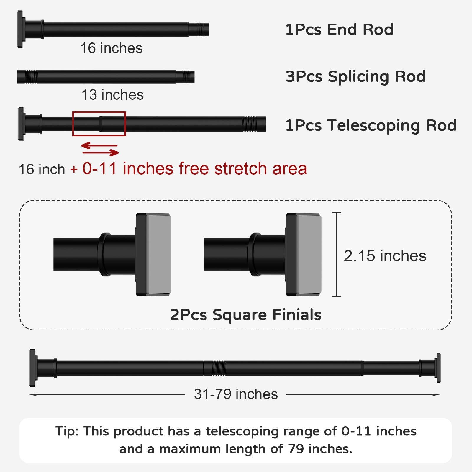 Adjustable Shower Curtain Rod 31-79 Inch - Rust-Resistant No-Drill Spring Tension Rod for Bathroom - Perfect for Small Spaces, Apartments & Dorm Rooms