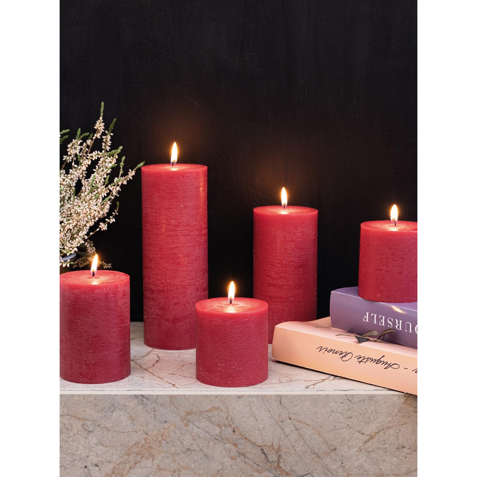 CANDWAX 3x4 Inch Pillar Candles Set of 3 - Unscented Non-Drip Decorative Rustic Candles for Weddings, Home Decor, and Centerpieces - Bordeaux Red Large Candles for Romantic Dinners, Fireplace Mantels, and Holiday Tablescapes