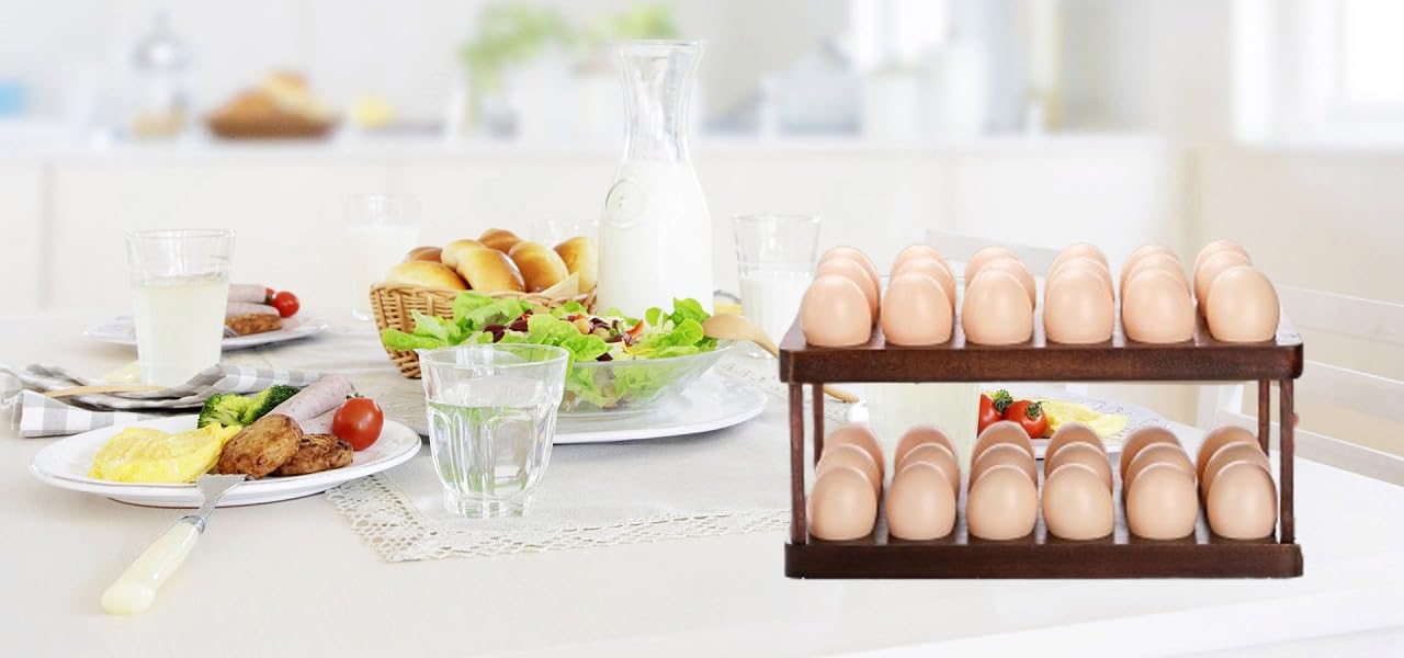 Premium Acacia Wood 2-Tier Egg Holder - 36 Capacity Farmhouse Kitchen Organizer, Countertop Egg Storage Rack & Deviled Egg Serving Tray | Perfect for Fresh Farm Eggs, Breakfast Buffets & Rustic Kitchen Decor