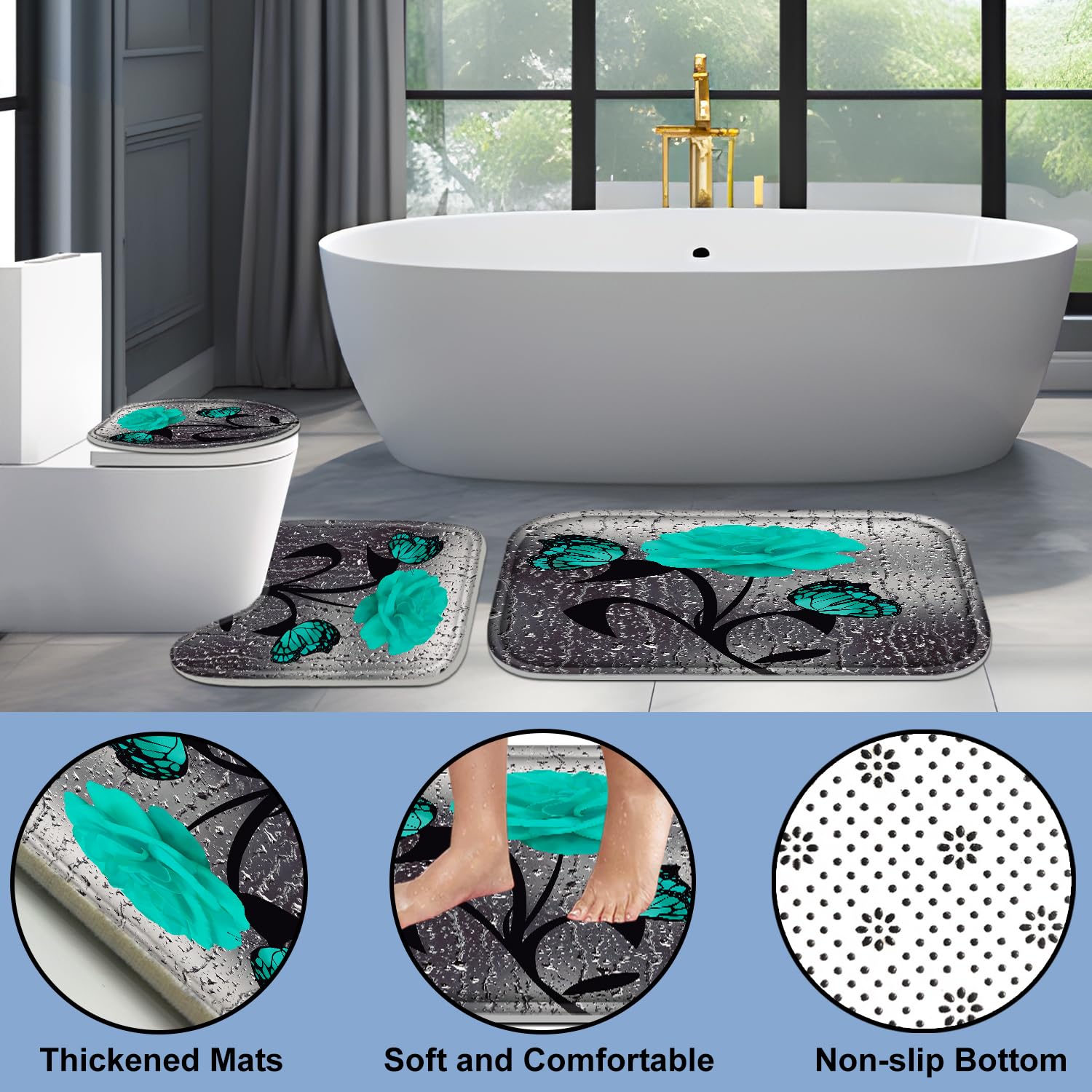 Poedist 4-Piece Green Rose Bathroom Set - Romantic Shower Curtain with Matching Rugs (Bath Mat, U-Shape Mat & Toilet Lid Cover) & 12 Hooks - Perfect for Master Bathrooms, Guest Baths & Spa-Style Decor
