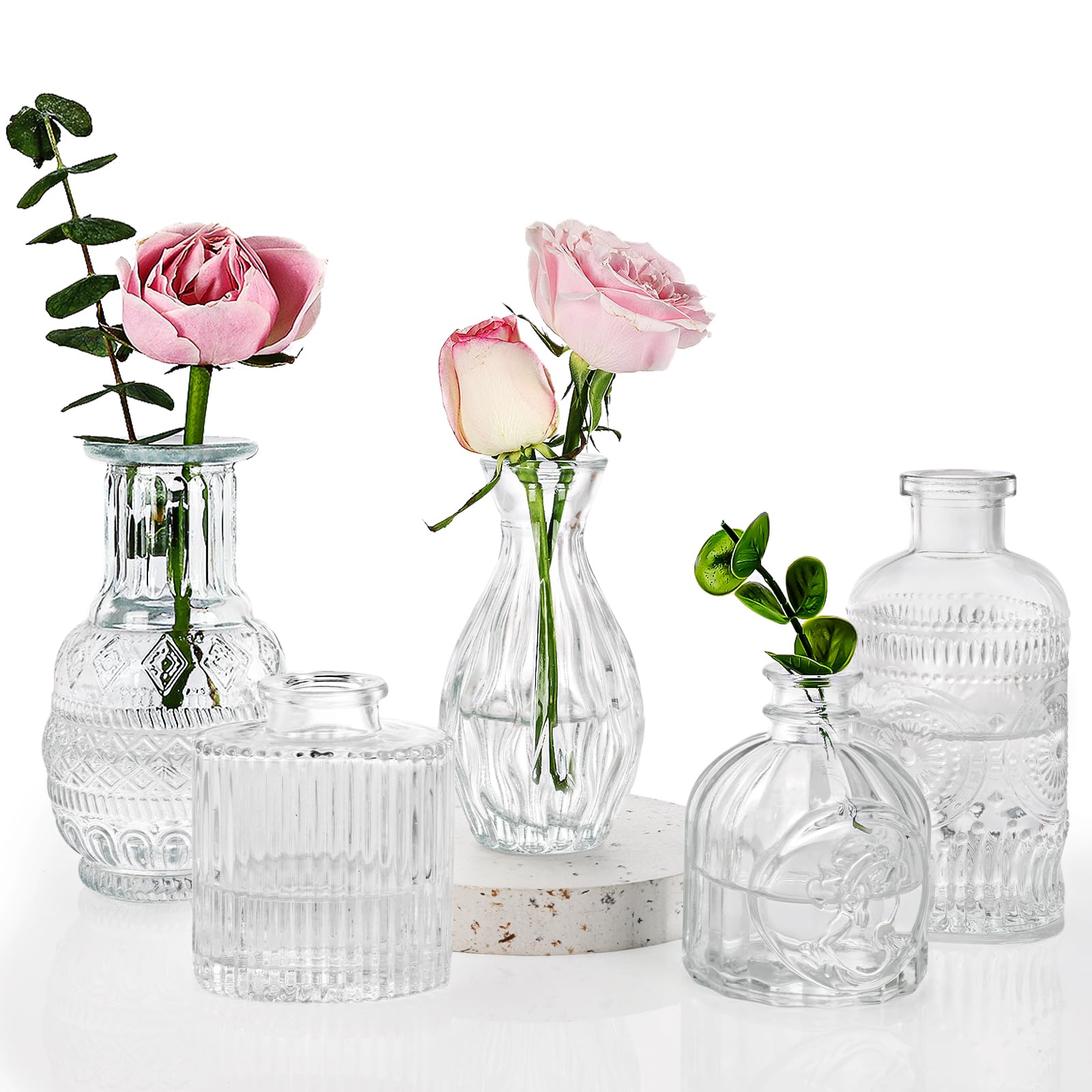 Fixwal Set of 5 Glass Bud Vases - Small Clear Flower Vases for Home Decor, Wedding Centerpieces & Table Decorations | Perfect for Floral Arrangements, Wedding Receptions, and Vintage Home Decor