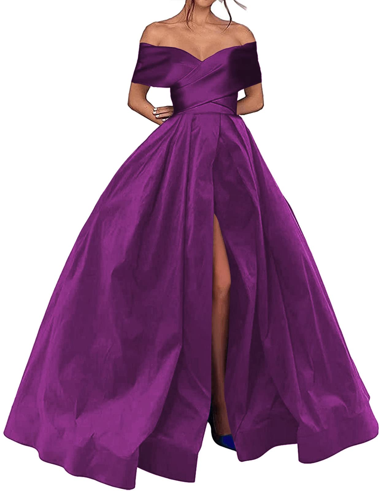 Elegant Off-the-Shoulder Satin Prom Dress with High Slit - Long Formal Evening Gown for Homecoming, Wedding & Special Occasions