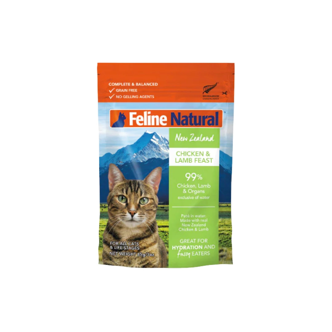 Feline Natural Cat Canned Food - Grain-Free Chicken & Lamb Recipe in 85g Pouch | High Protein Wet Cat Food for Adult & Senior Cats | Perfect for Mealtime, Travel & Outdoor Adventures