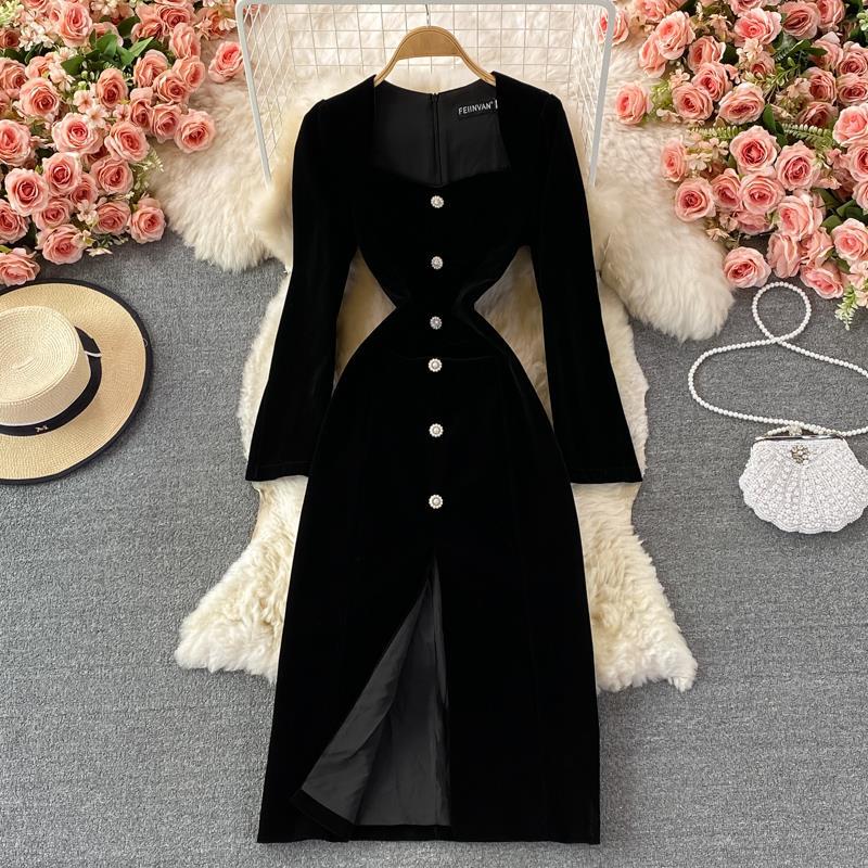 French Vintage Velvet Dress - Elegant Long Sleeve Slit Maxi Dress for Women | Perfect for Weddings, Parties & Special Occasions