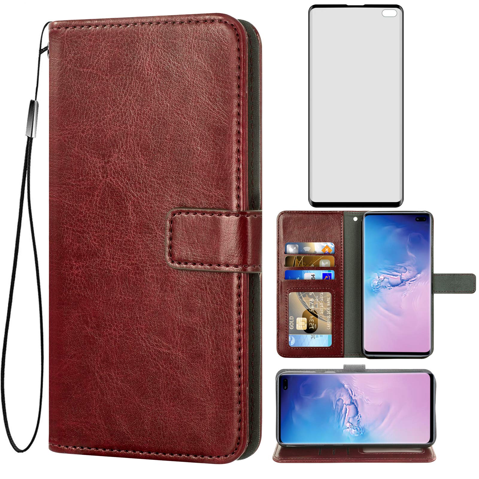 Asuwish Samsung Galaxy S10 Plus Wallet Case with Tempered Glass Screen Protector - Flip Cover Card Holder for Galaxy S10+ (Brown) | Perfect for Business, Travel & Everyday Protection