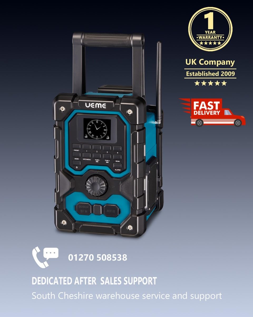UEME 16W Jobsite DAB/DAB+ FM Radio - Rugged Construction Bluetooth Radio with Rechargeable Battery, AUX Input & USB Phone Charger | Ideal for Construction Sites, Workshops & Outdoor Work | Includes Mains Adaptor
