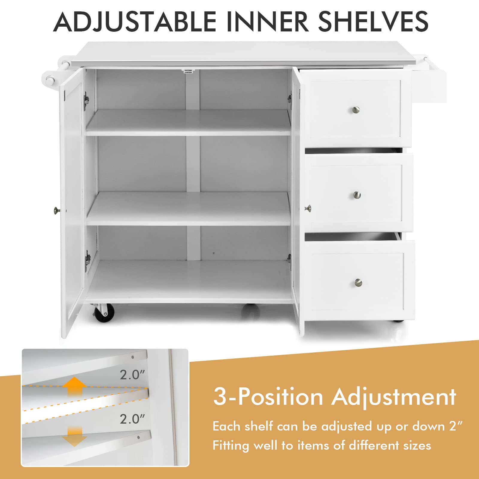 GOFLAME Stainless Steel Kitchen Island Cart with Wheels - Mobile Kitchen Cart with Storage Shelves & Towel Rack - Rolling Kitchen Trolley for Dining Room, Home Kitchen & Restaurant Use (White) - Perfect for Food Prep, Serving & Extra Counter Space