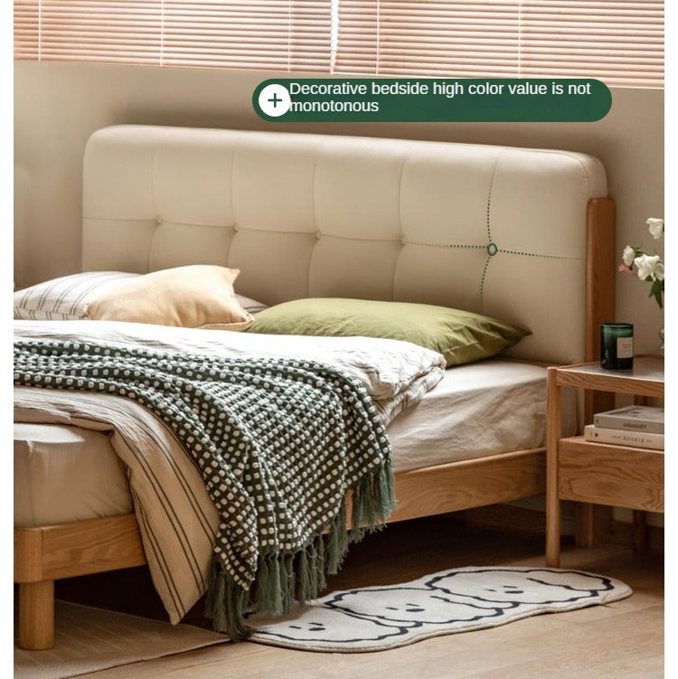 Solid Oak Wood Nordic Soft Back Bed - Modern Minimalist Design for Bedroom & Guest Room