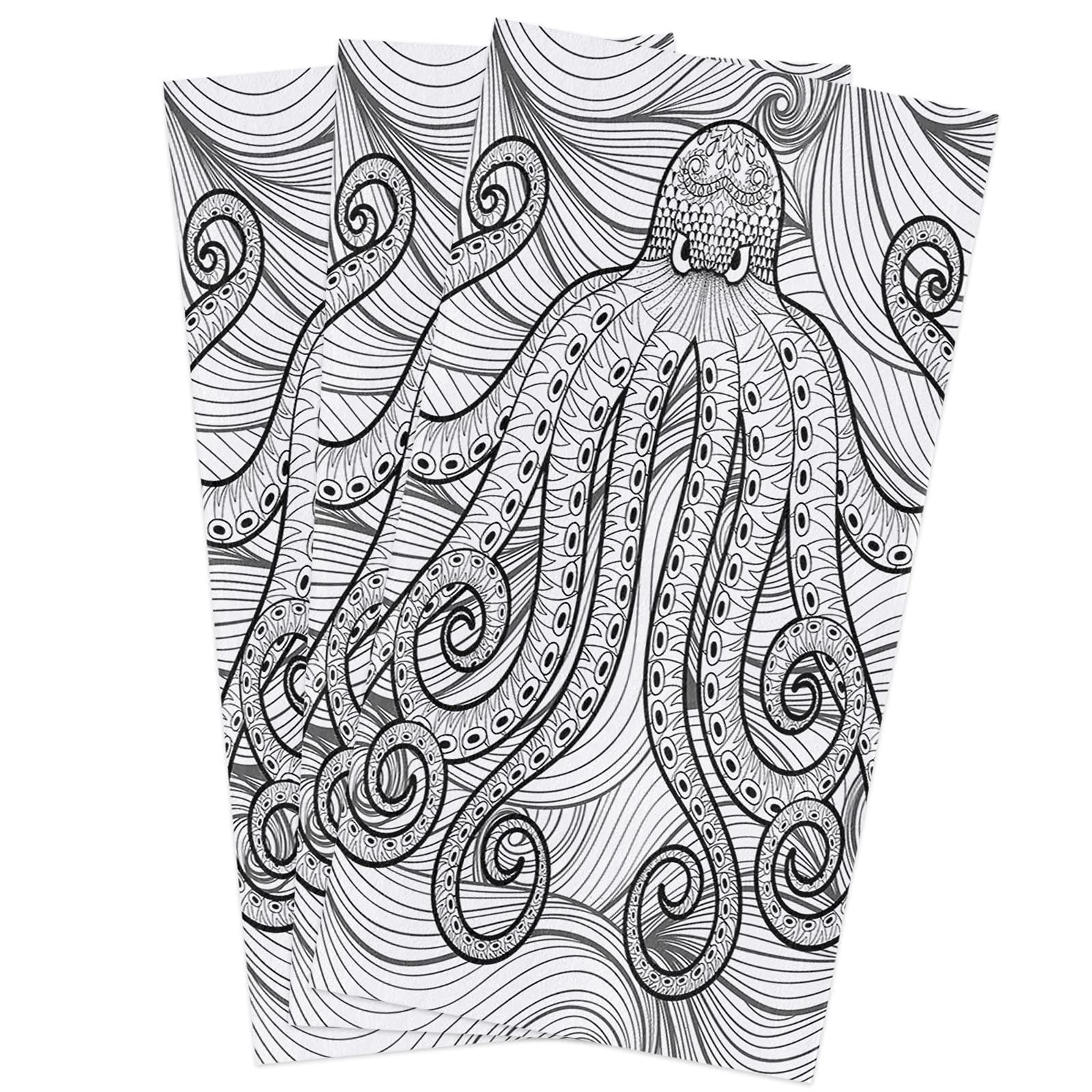 Zadaling Premium Cotton Kitchen Towels Set of 3 - 16x28 Inch Soft Absorbent Dish Cloths, Tea Towels & Hand Towels with Nautical Octopus Ocean Kraken Design - Perfect for Cooking, Cleaning & Decorating Coastal Themed Kitchens