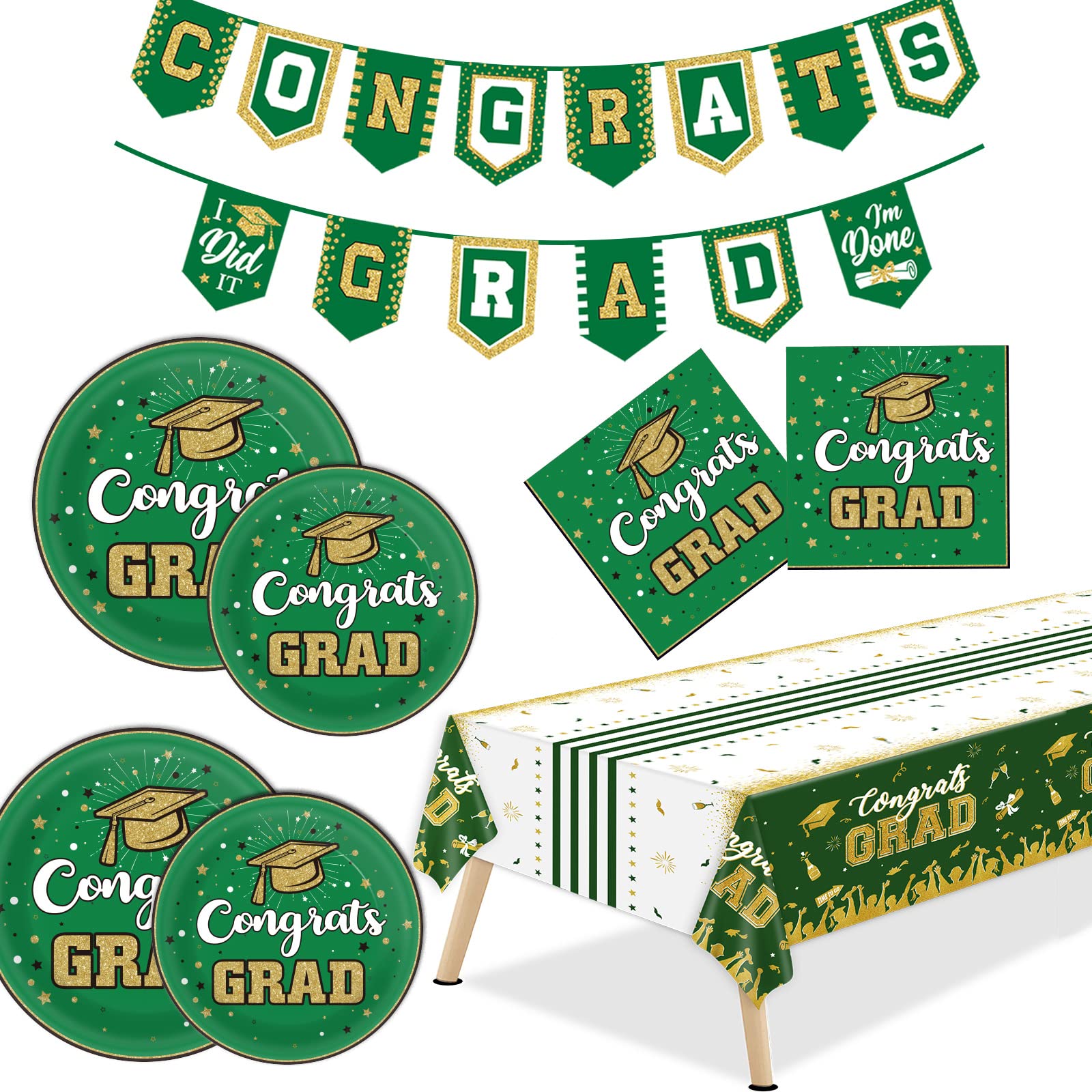2023 Graduation Party Supplies Kit for 24 Guests - Green & Gold Decorations with Congrats Banner, Plates, Tablecloth, Napkins | Perfect for High School & College Graduation Celebrations, Commencement Parties & Grad Night Events