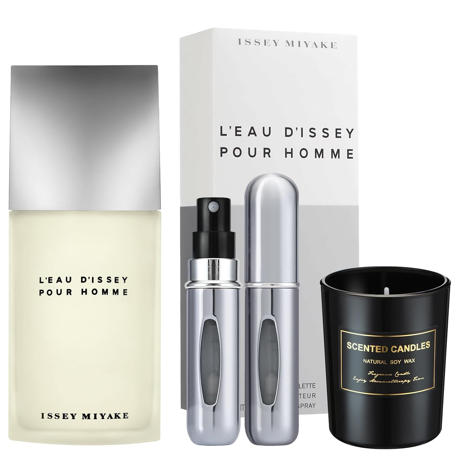 Micasa Fragrances L'eau Pour Homme Cologne for Men - 4.2 oz EDT Spray Eau de Toilette Gift Set with Scented Soy Candle & Travel Perfume Atomizer | Fresh Long-Lasting Scent for Daily Wear, Office & Date Night