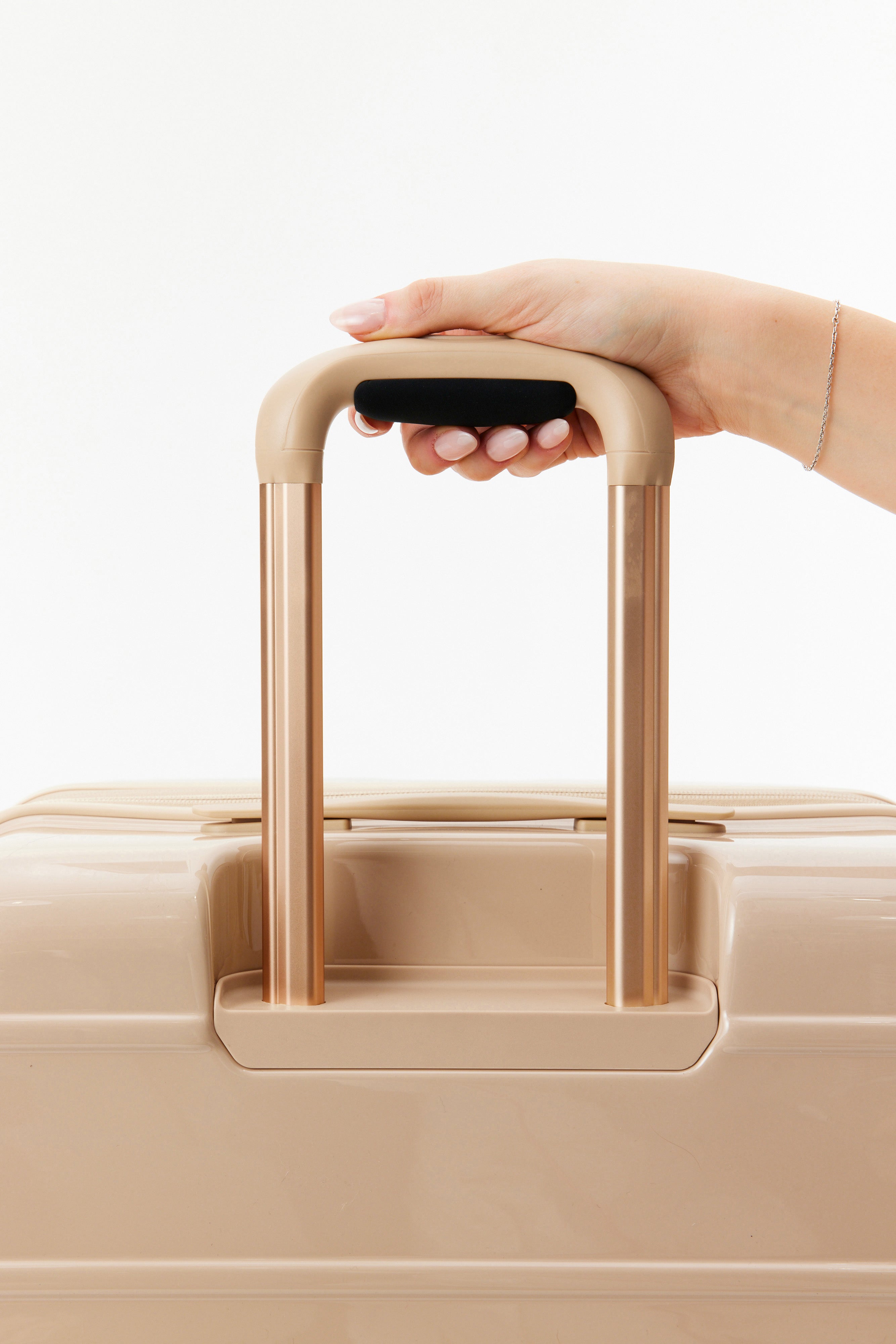 Glossy Beige Medium Check-In Roller Luggage - Perfect for Air Travel, Business Trips & Weekend Getaways