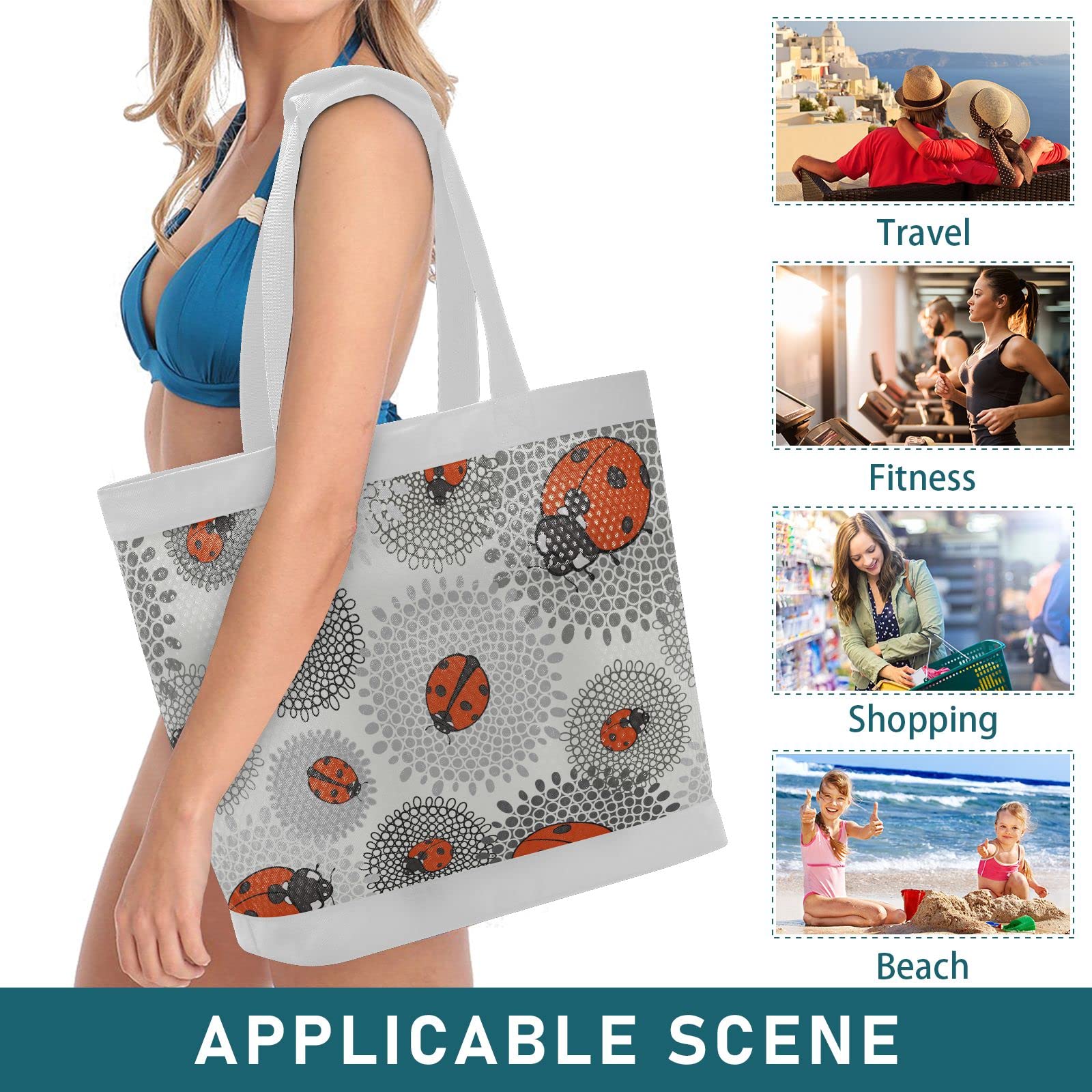 Stylish MCHIVER Ladybugs Monochrome Floral Mesh Beach Bag with Zipper & Pockets - Lightweight Tote for Pool, Gym, Travel & Beach Essentials | Perfect for Summer Vacations, Swimwear Storage & Outdoor Activities