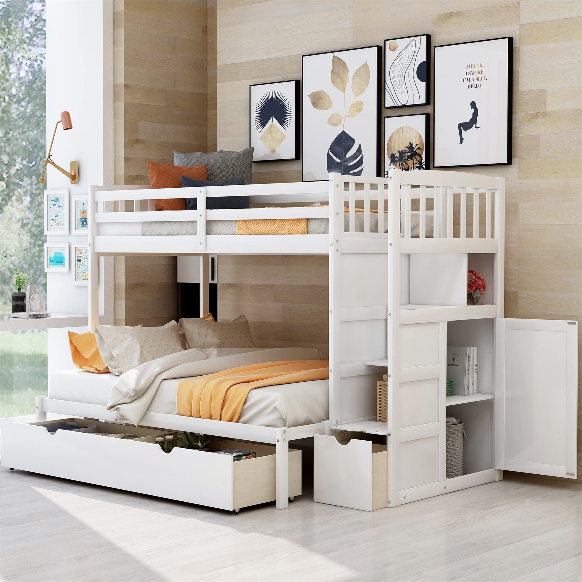 Harper & Bright Designs Twin Over Twin/Full Bunk Bed with Stairway - Convertible Bottom Bed, Wooden Bunk Bed with Storage Shelves & Drawers (White) - Perfect for Kids' Bedroom, Space-Saving Solution for Small Rooms & Shared Bedrooms