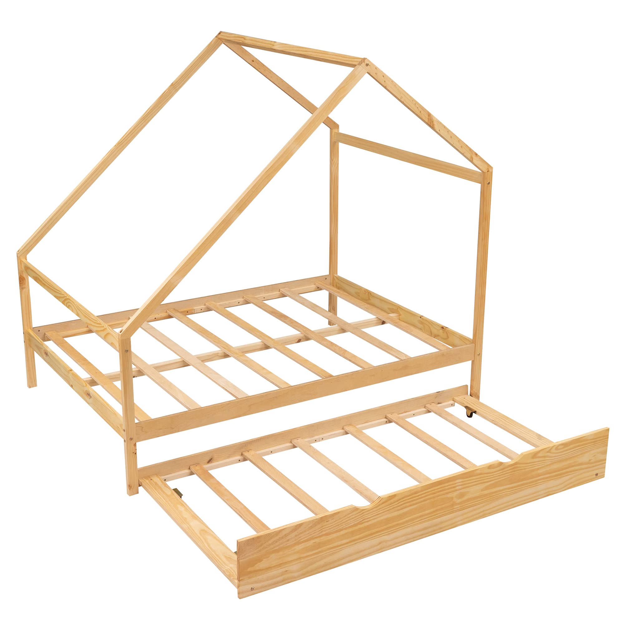 Solid Wood Full Size House Bed with Twin Trundle - Daybed & Sofa Bed Frame with Roof for Kids, Teens & Toddlers | Natural Wood Finish | Perfect for Bedrooms, Playrooms & Guest Rooms