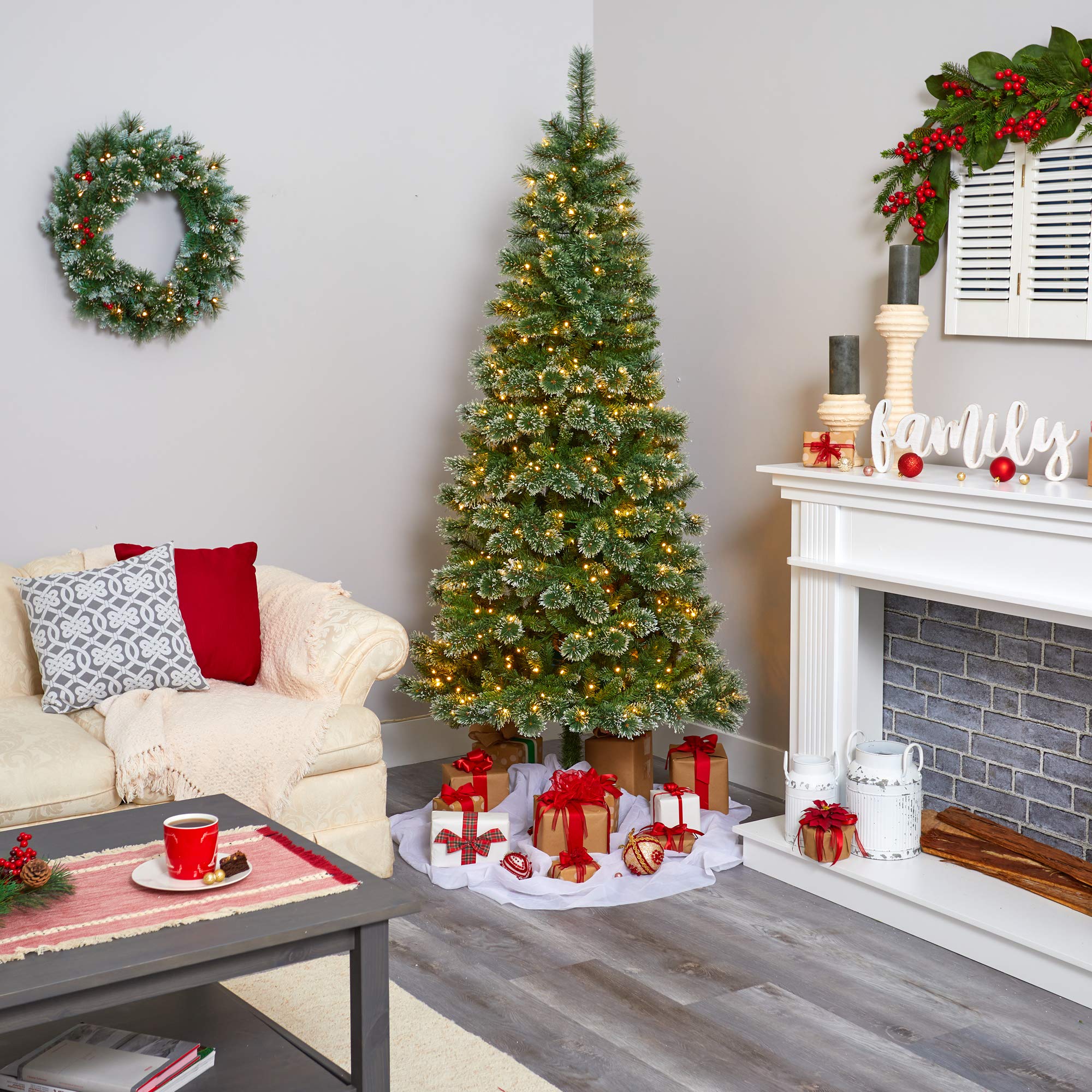 Nearly Natural 7ft Wisconsin Slim Snow Tip Pine Artificial Christmas Tree with 400 Clear LED Lights - Perfect for Holiday Home Decor, Office & Indoor Christmas Decorations