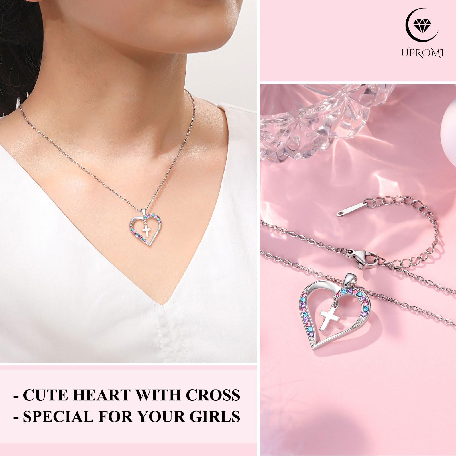 UPROMI Elegant Cross Necklace for Girls - Religious Jewelry Gift for Baptism, First Communion, Confirmation & Graduation | Perfect Back to School Present & Spiritual Occasions