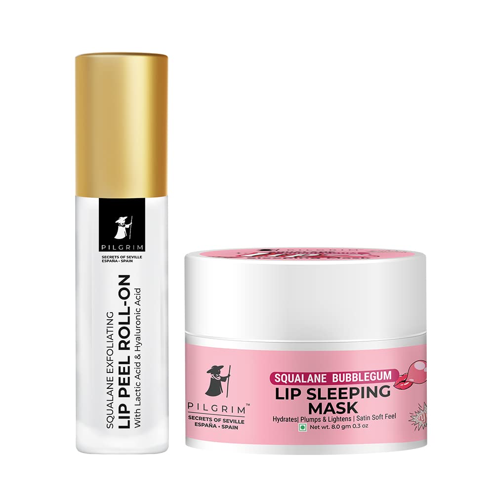 Pilgrim Squalane Lip Exfoliating & Hydrating Combo Set - 6ml Lip Peel Roll-on & 8g Bubblegum Lip Sleeping Mask - Moisturizing Treatment for Dry, Chapped, Dark Lips - Perfect for Overnight Repair & Daily Lip Care - Unisex Skincare Essential for Women & Men