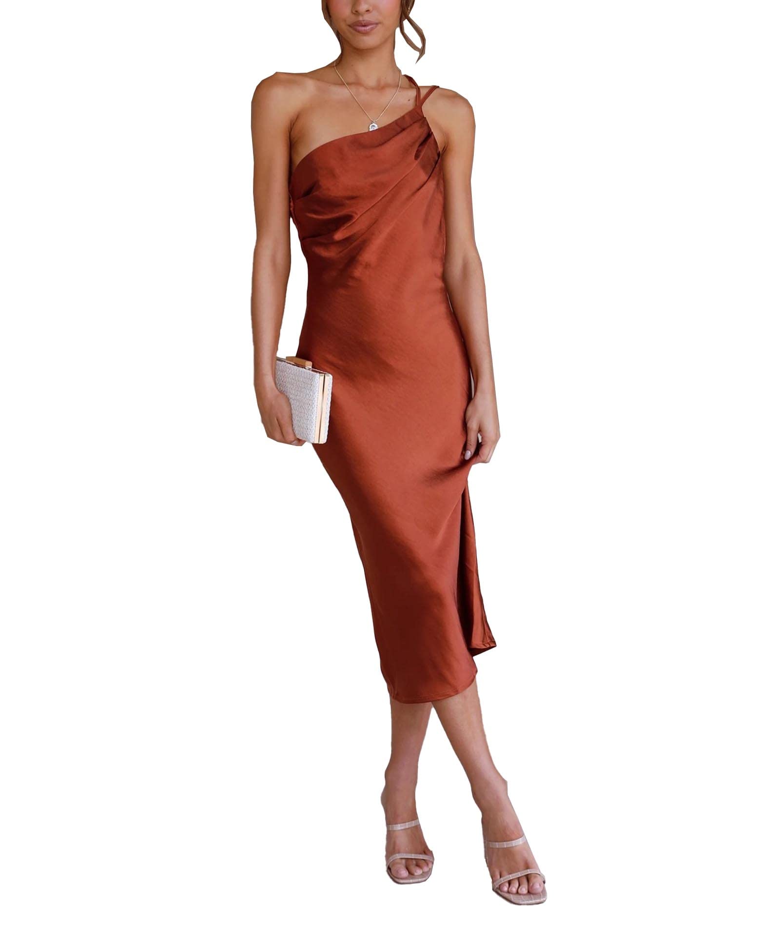 Elegant One Shoulder Satin Cocktail Dress for Women - Backless Tie Up Formal Evening Gown for Wedding Guest & Party - Perfect for Prom, Date Night & Special Occasions
