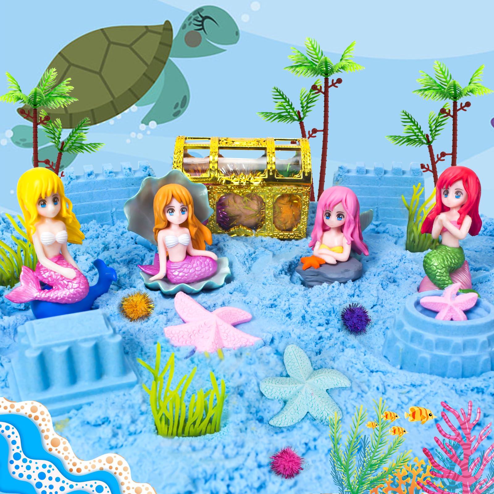 Mermaid Sensory Bin Sandbox Toys for Toddlers & Kids - 2.2 lbs Play Sand Kit with Castle Mold, Mermaid Toys for Girls - Perfect Christmas Birthday Gift for Toddler Girls (Great for Sensory Play, Beach Themed Parties & Preschool Learning Activities)