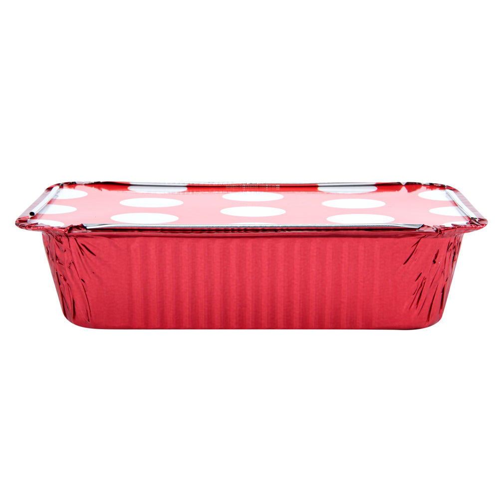 16 oz Rectangle Red Aluminum Take Out Food Containers with Polka Dot Paper Lids (7.25