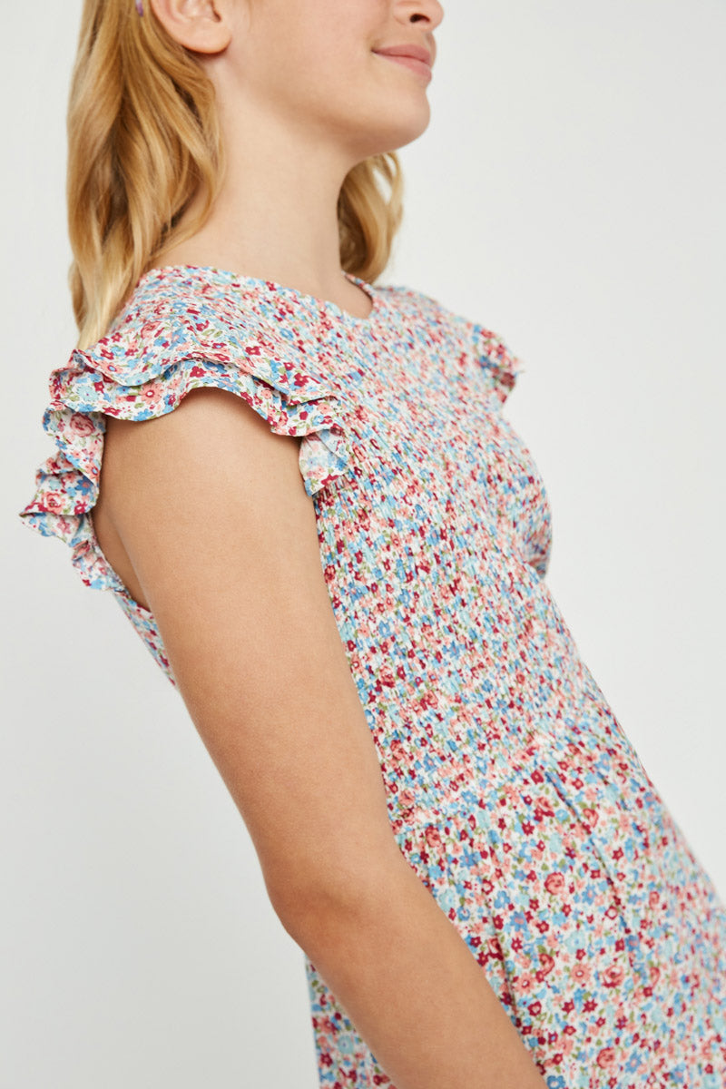 Ditsy Floral Print Smocked Bodice Midi Dress for Women - Summer Boho Chic Outfit for Beach, Wedding & Date Night