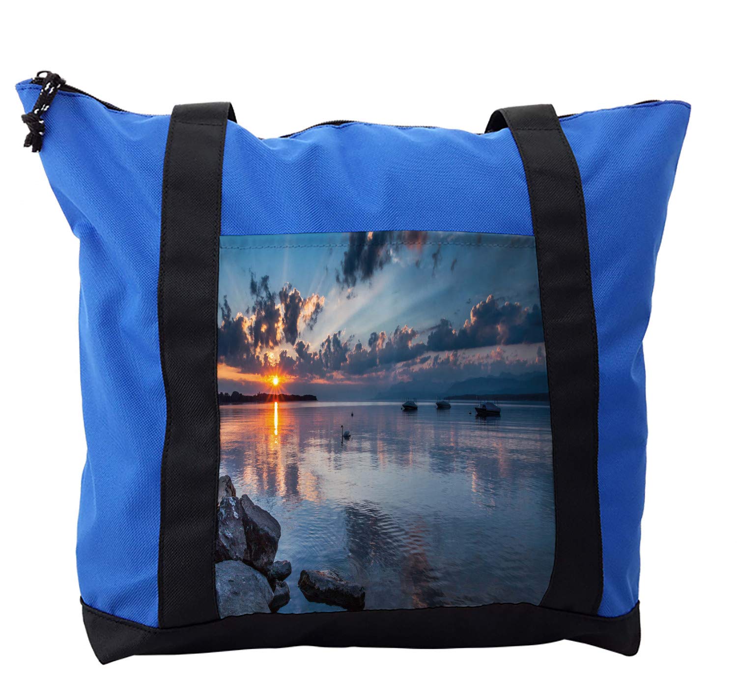 Lunarable Landscape Shoulder Bag - Sunrise at Lake Geneva Design, Durable Zippered Crossbody Bag for Travel, Hiking & Everyday Use