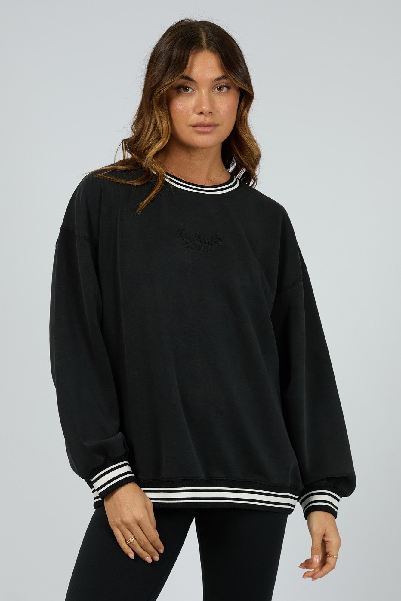 All About Eve Luxe Active College Crew Sweater - Soft & Stylish Black Pullover for Women | Perfect for Campus, Workouts & Casual Wear