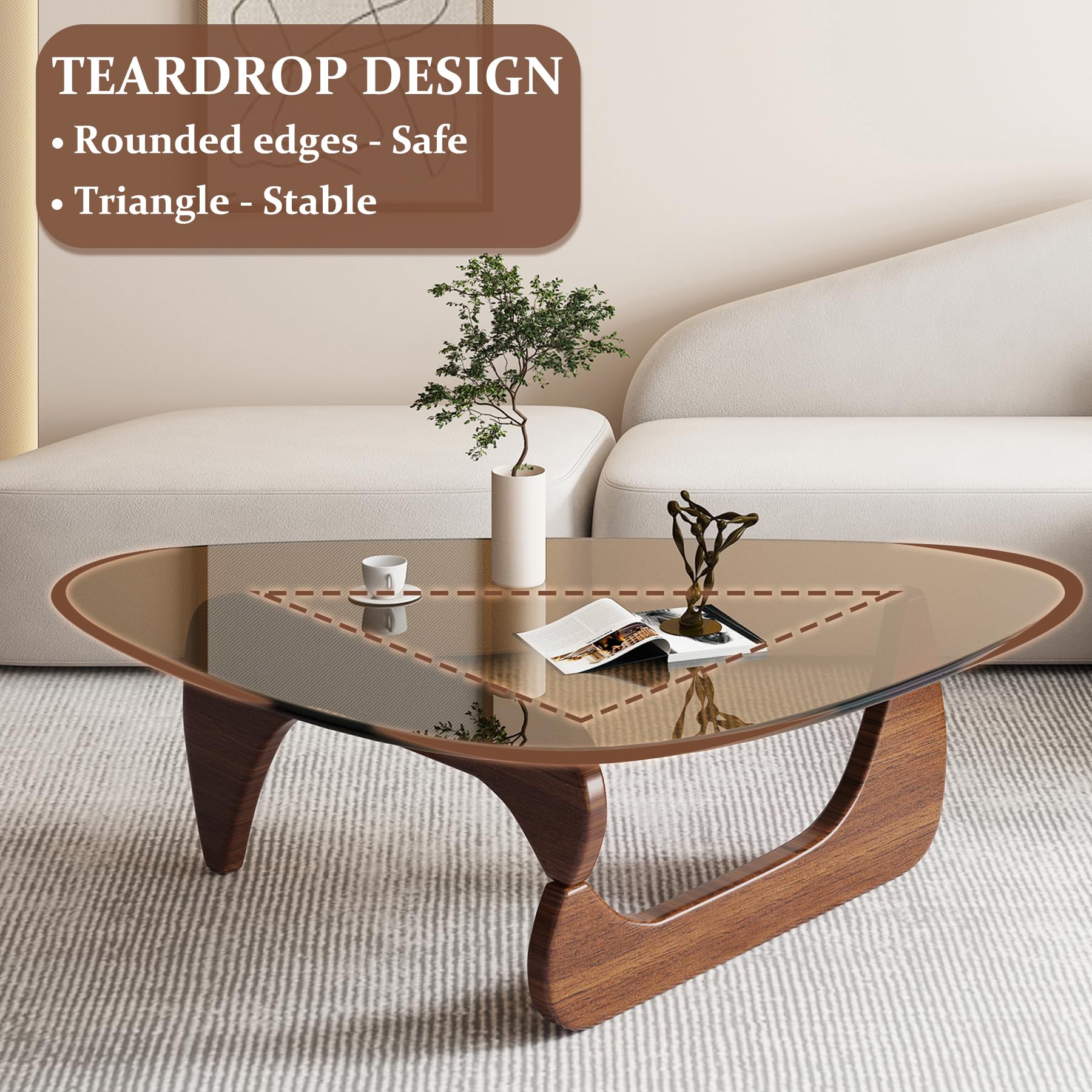 Mid-Century Modern Triangle Coffee Table with Glass Top & Natural Wood Base - Abstract End Table for Living Room, Patio, Office - Walnut/Brown, 35.8