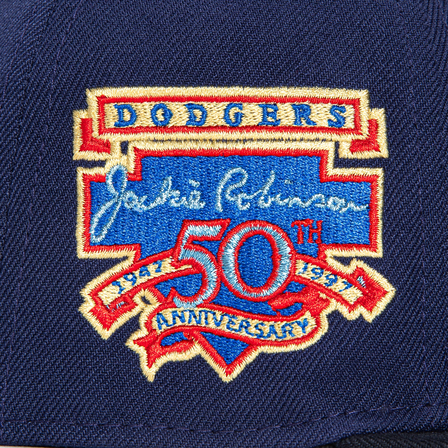 New Era 59Fifty Los Angeles Dodgers Jackie Robinson 50th Anniversary Patch Script Hat - Light Navy & Navy Baseball Cap for Men & Women - Perfect for Baseball Games, Fan Collections, and Casual Streetwear