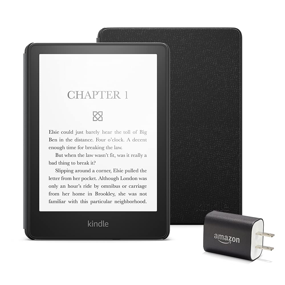 Kindle Paperwhite Essentials Bundle - 8GB WiFi, Ad-Supported E-Reader with Amazon Leather Cover & Power Adapter | Perfect for Reading, Travel & Gifts