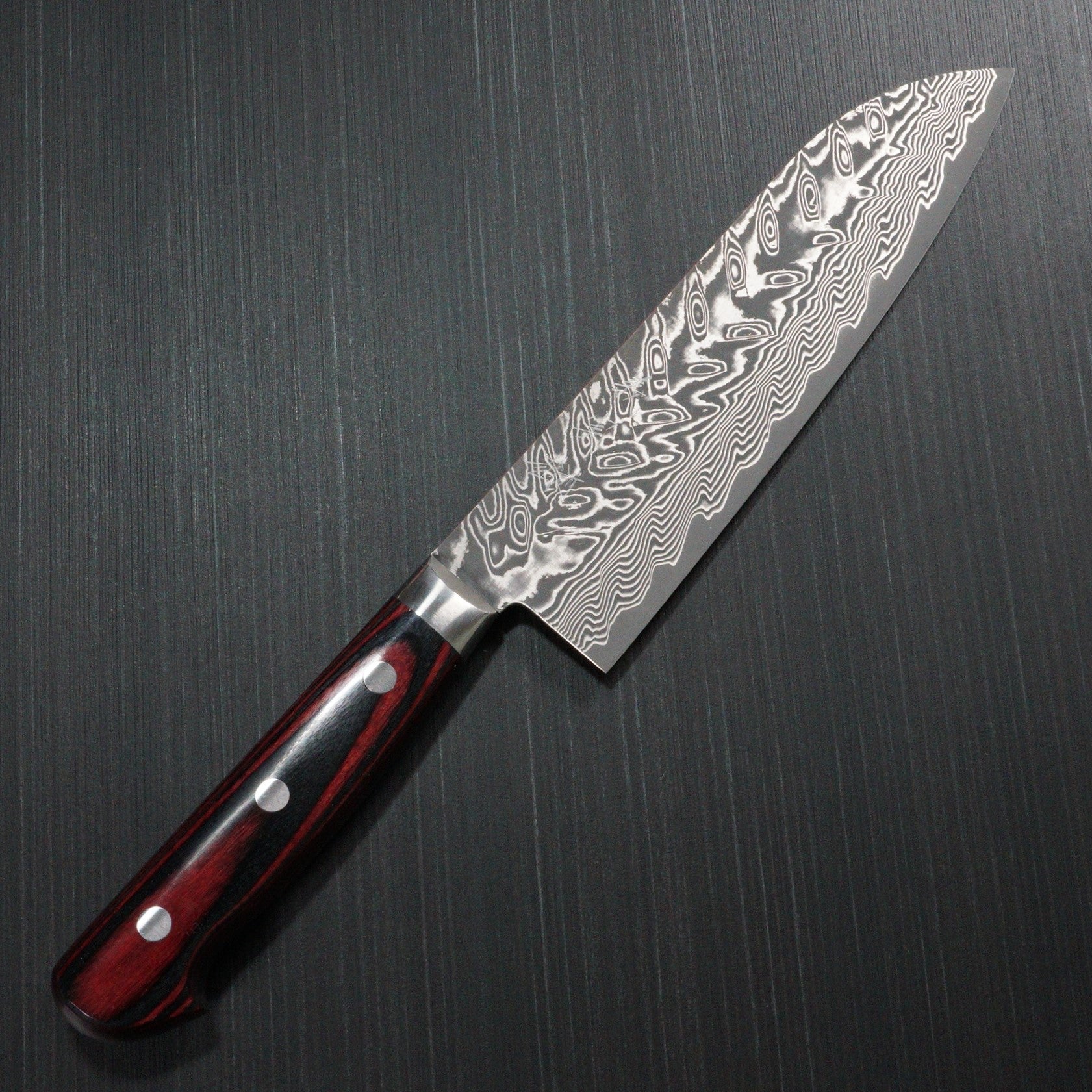 Premium Japanese Yoshimi Kato SG2 Super Gold 2 Damascus Santoku Knife - V-Shaped Black Blade with Red Handle - Perfect for Slicing, Dicing & Chopping Vegetables, Meat & Fish