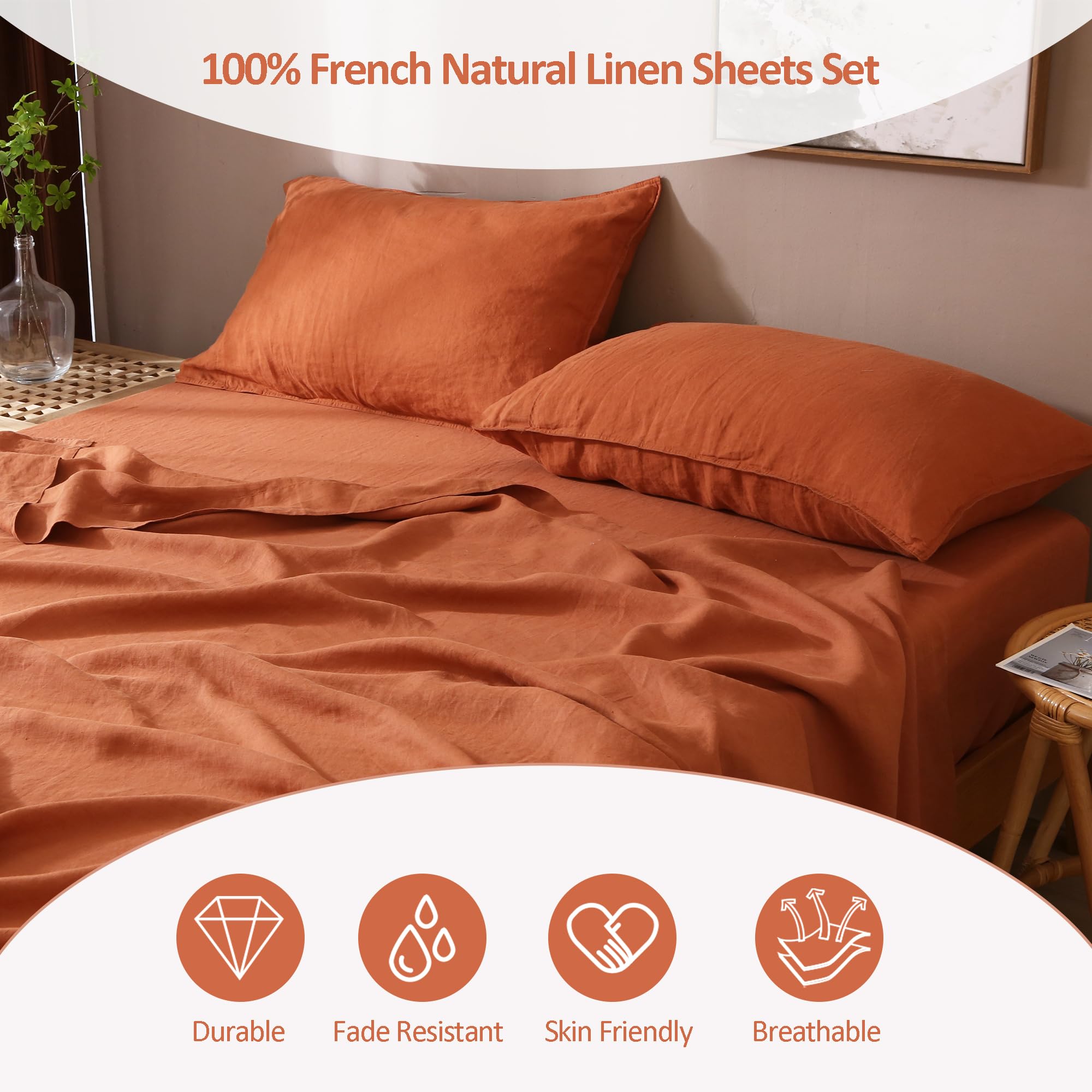 100% Organic French Linen Sheets Set - Stone Washed 4-Piece Natural Flax Bedding | Ultra Soft & Luxurious King Size (Caramel) for Master Bedroom & Guest Room | Eco-Friendly Breathable Bed Sheets for All Seasons