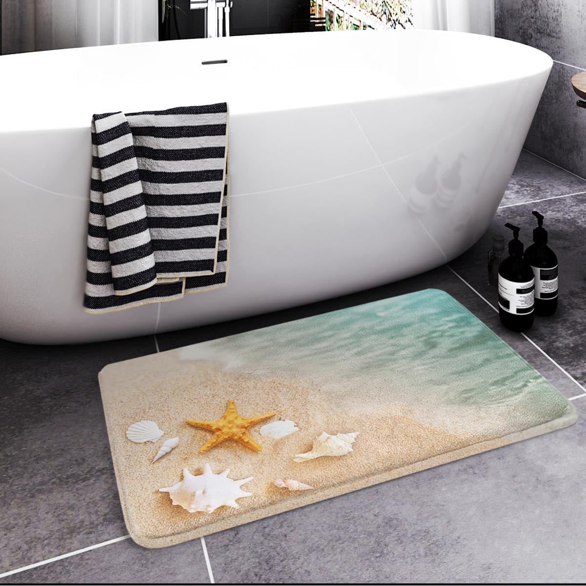 Britimes Non-Slip Bath Mat - 16x24 Inch Washable Starfish Shell Design Bathroom Rug for Kitchen, Bedroom & Indoor Use | Soft Floor Mat for Bath, Shower & Beach Decor
