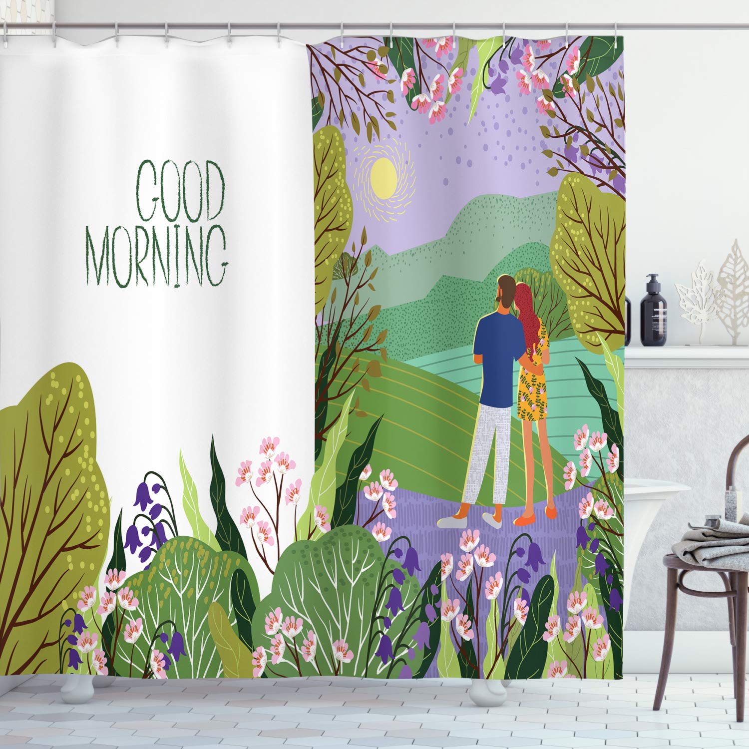Ambesonne Morning Shower Curtain - Romantic Sunrise Couple Doodle Design, 69x70 Inch Colorful Fabric Bathroom Decor with Hooks | Perfect for Couples' Bathrooms, Valentine's Gift & Boho Home Decor