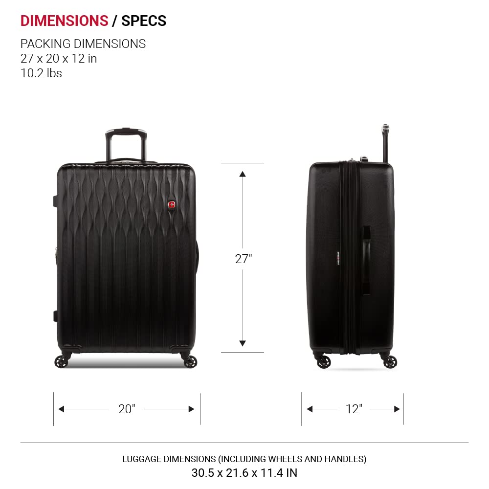 SwissGear 8018 Expandable Hardside Spinner Wheel Luggage - 27 Inch Large Checked Suitcase for Travel, Black | Perfect for International Flights & Long Trips