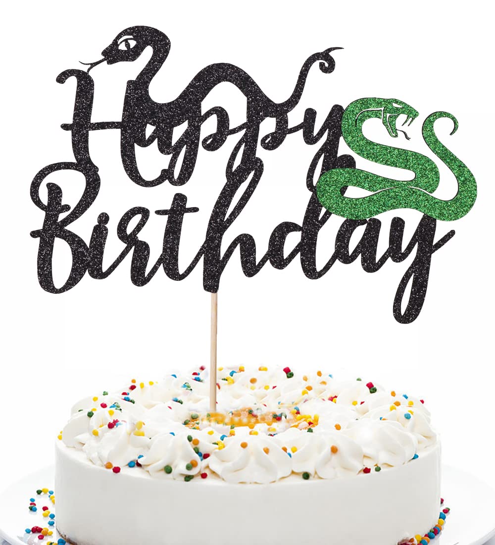 Black Glitter Snake Cake Topper - Snake Theme Happy Birthday Cake Decoration - Animal Theme Party Supplies for Birthday, Baby Shower & Halloween Celebrations
