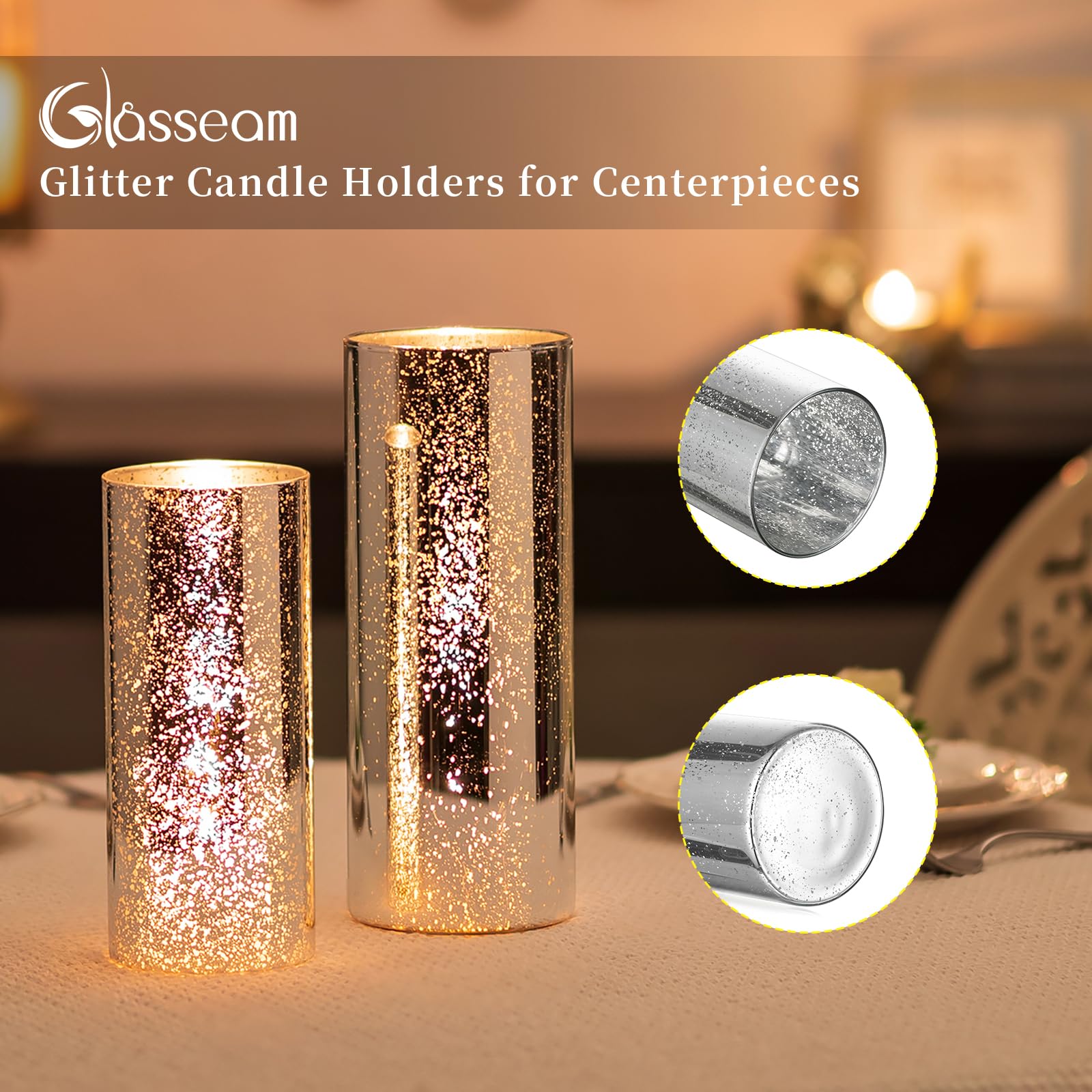 Glasseam Silver Hurricane Candle Holder Set of 2 - Modern Mercury Glass Cylinder Candle Holders for Pillar Candles, Floating Candle Vases - Perfect for Wedding Centerpieces, Dining Table Decor, Christmas Holiday Home Decor