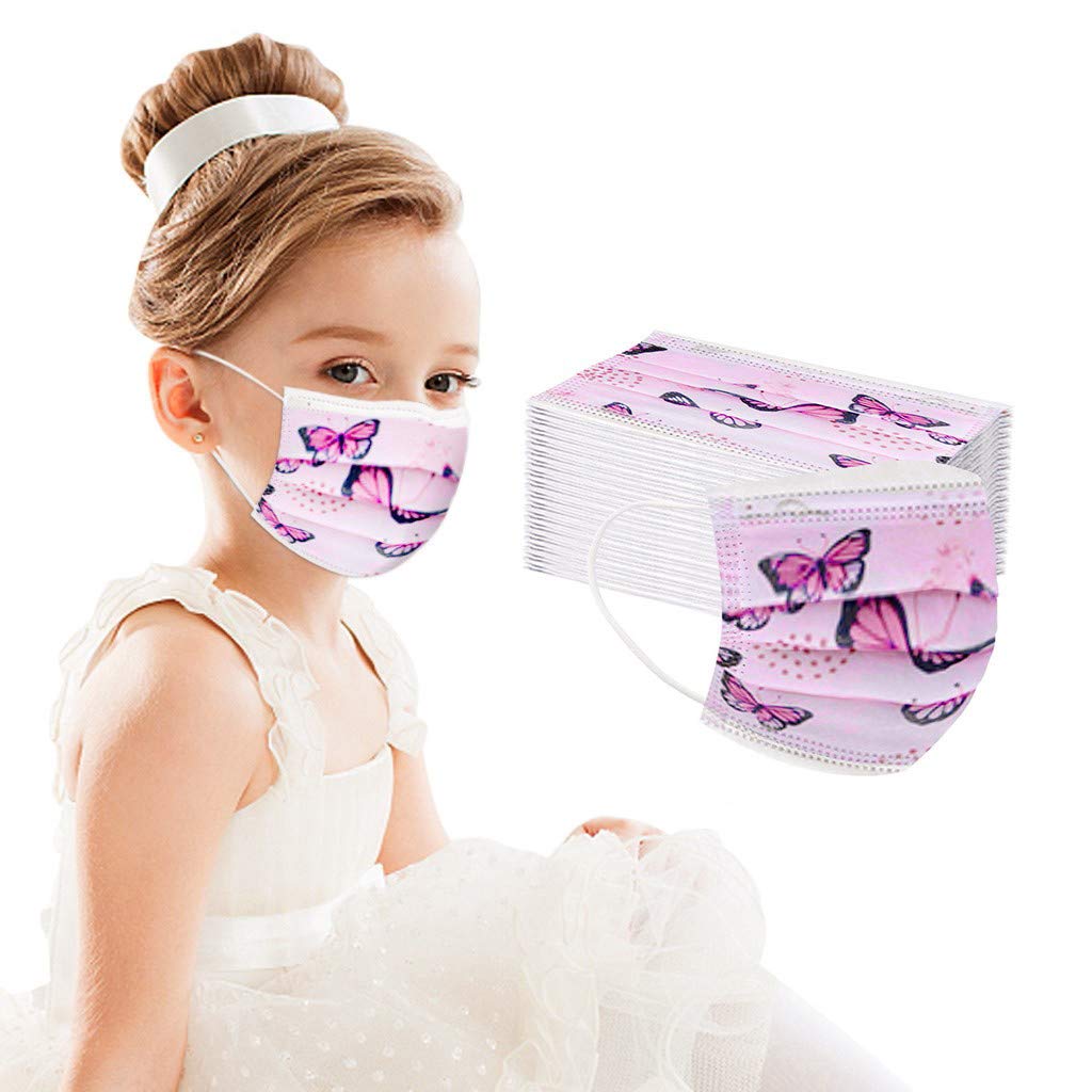 50 Pcs Kids Butterfly Disposable Face Masks - Cute Printed Paper Masks for Full Face Protection | School, Party & Outdoor Activities Safety