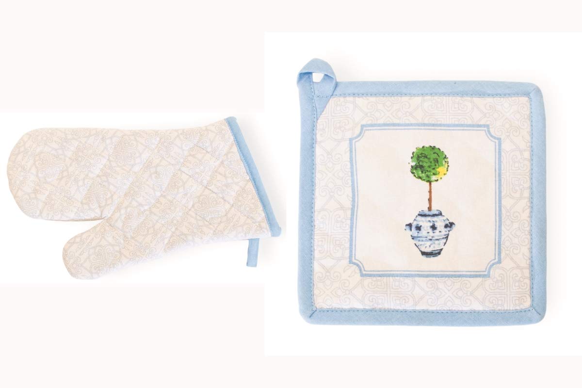 Boston International URB19247 Blue Topiary Oven Mitt & Pot Holder Set of 2 - Heat Resistant Kitchen Accessories for Baking, Cooking, and Grilling