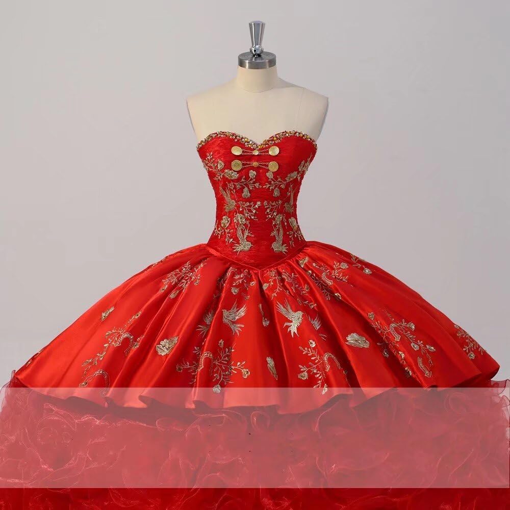 Elegant Gold Embroidered Organza Ball Gown with Puffy Ruffles - Quinceanera Dress for Sweet 15, Mexican Themed Prom Dress 2025 - Perfect for Quinceañeras, Prom Nights, and Special Occasions