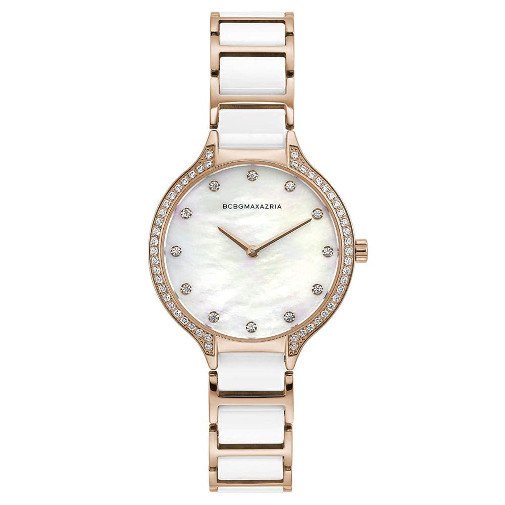 BCBGMAXAZRIA Women's Watch - White Ceramic Strap, Rose Gold Stainless Steel BG50678006 - Elegant Timepiece for Work, Parties & Special Occasions